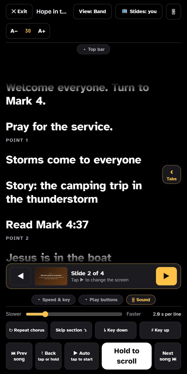 The pastor’s notes scrolling on a phone, with the slide bar showing slide 2 of 4
