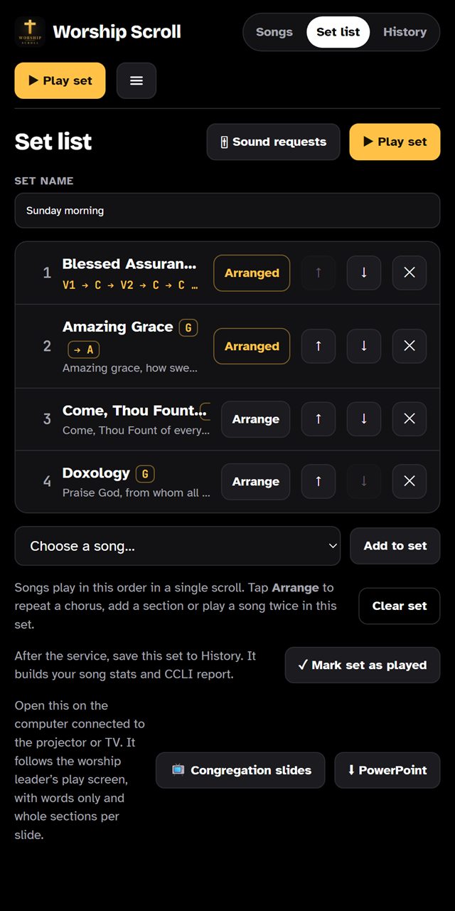 A set list with songs, keys and arrangements